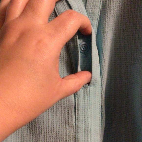 Light Blue Short Sleeve Button Down Top with Hidden Buttons - Picture 2 of 5